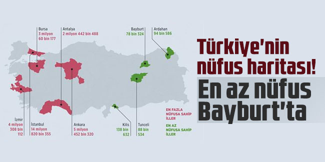 Türkiye'nin nüfus haritası! En az nüfus Bayburt'ta