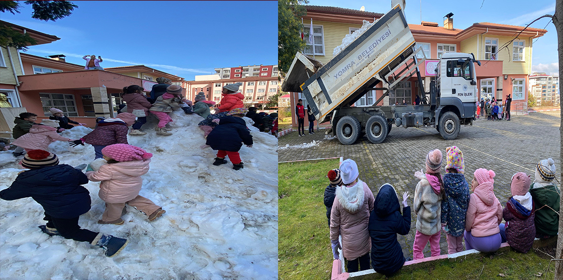 Anaokulu öğrencileri için kamyonla kar getirdiler