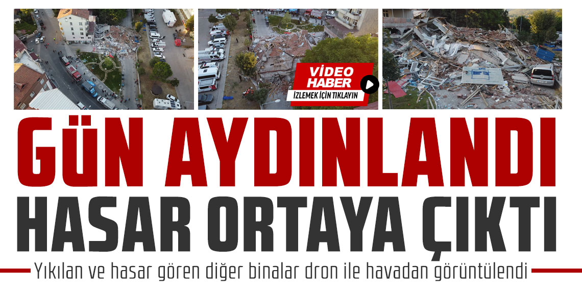 Balıkesir'de yıkılan bina sabahın ilk ışıkları ile havadan görüntülendi