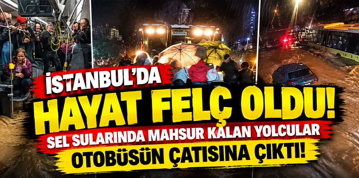 Sel sularında mahsur kalan yolcular otobüsün çatısına çıktı