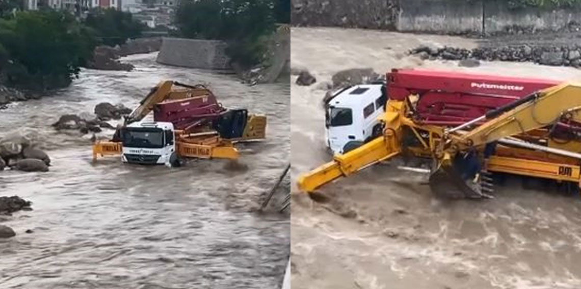 Artvin’de iş makineleri bir anda yükselen dere sularının ortasında kaldı!