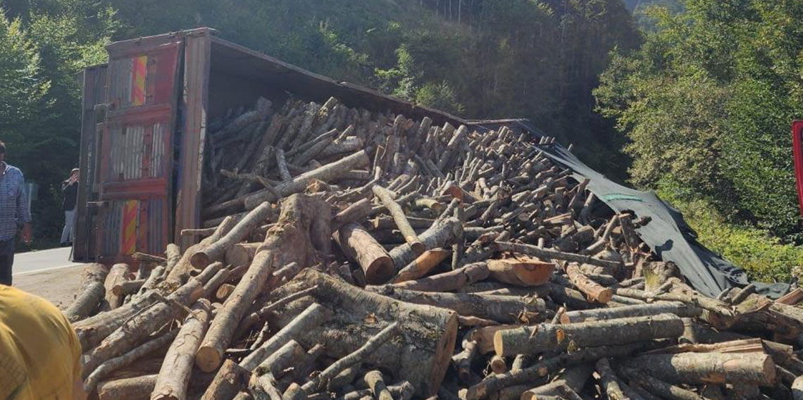 Ordu'da tomruk kamyonu devrildi: 21 ton tomruk yola saçıldı