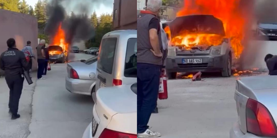 Hastane otoparkında otomobil alev topuna döndü