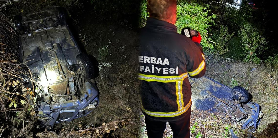 Ters dönen otomobilden sağ kurtuldular