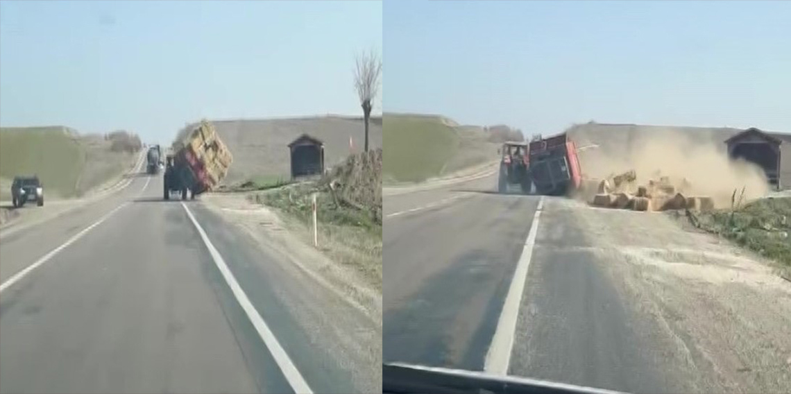 Amasya’da traktörün taşıdığı saman balyaları devrildi