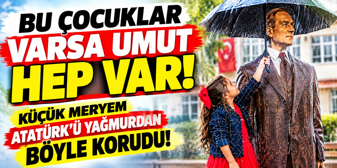 Bu çocuklar varsa umut hep var! Küçük Meryem Atatürk'ü yağmurdan böyle korudu!