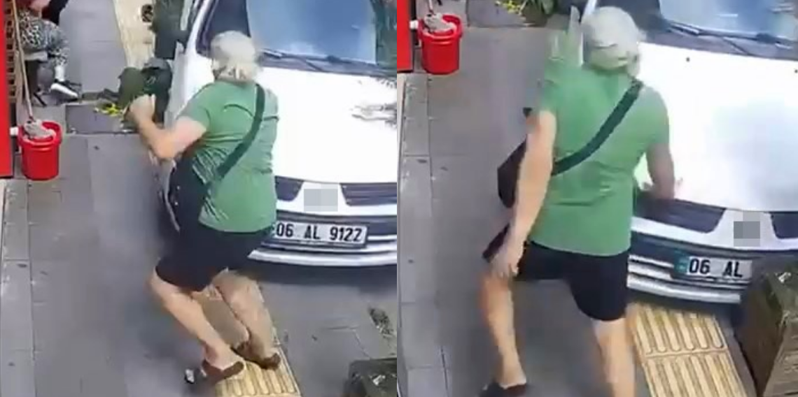 El freni çekilmeyen otomobil kaldırıma çıktı, yaya ezilmekten son anda kurtuldu