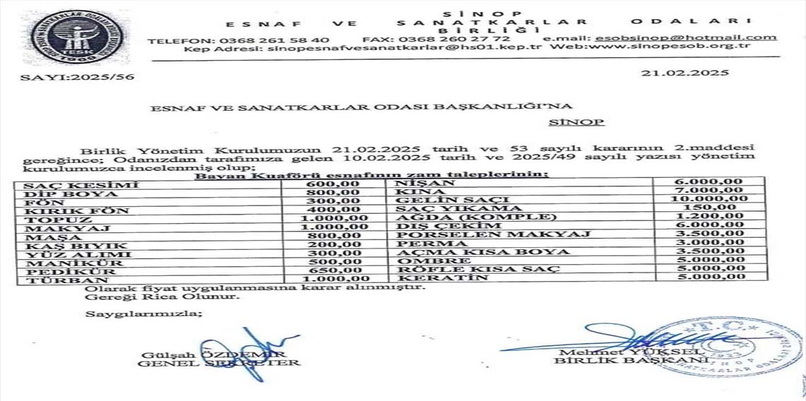 Sinop’ta bayan kuaförlerinde fiyatlara zam