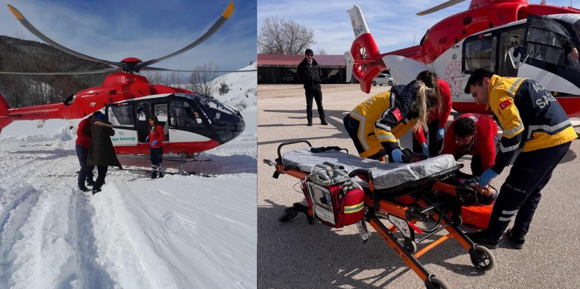 Tokat’ta Yoğun Kar Engelini Helikopter Ambulans Aştı