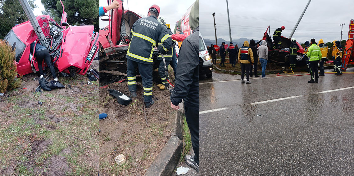 Aydınlatma direğine çarpan araç hurdaya döndü: 2 yaralı