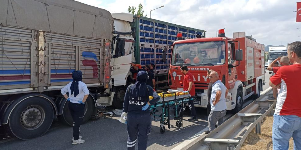 Tavuk yüklü tır, önündeki kamyona çarptı: 2 yaralı
