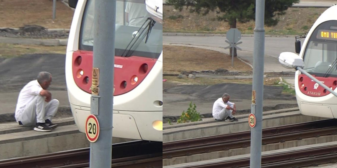 Samsun'da tramvay üst geçidinde şaşkına çeviren anlar