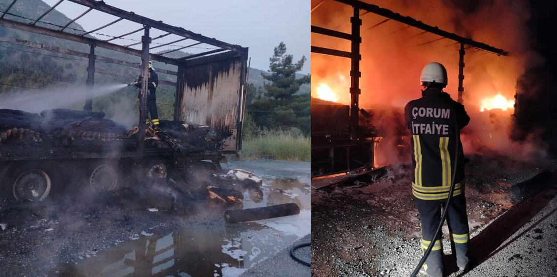Çorum'da tırın dorsesi alev alev yandı