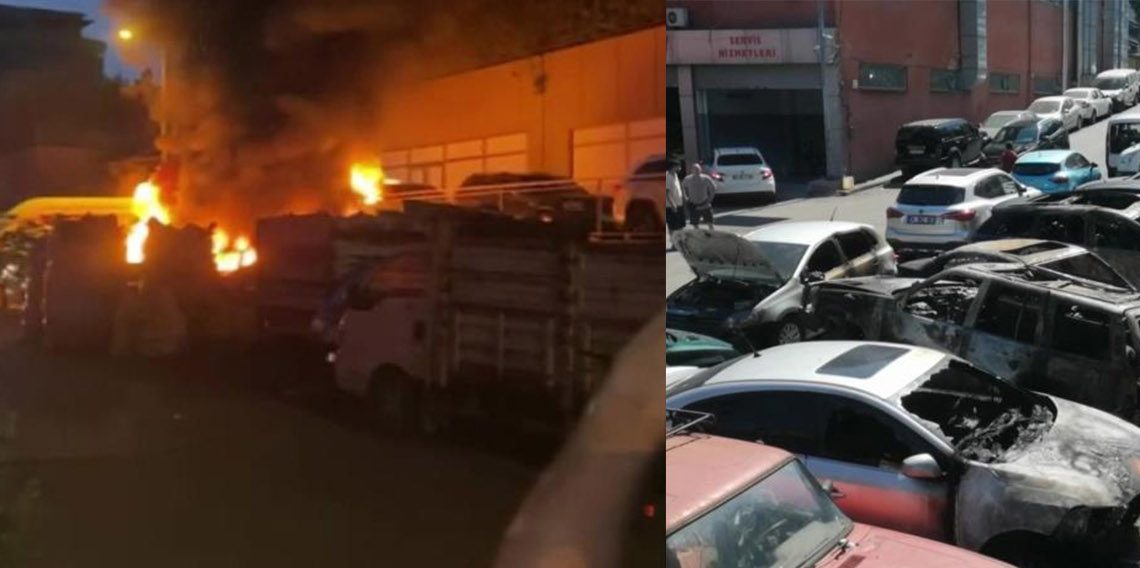 Park halindeki araçlar alev alev yandı