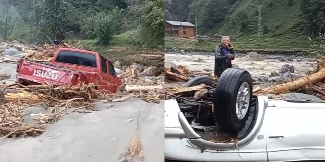 Rize'de 2 araç sel sularına kapıldı