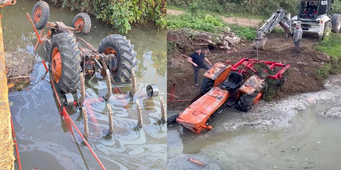 Samsun'da traktör sulama kanalına devrildi