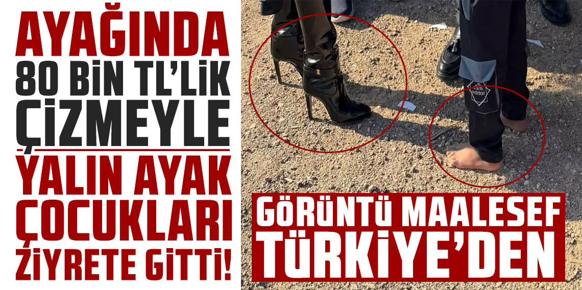 Ayağında 80 bin TL'lik çizmeyle yalın ayak çocukları ziyarete gitti