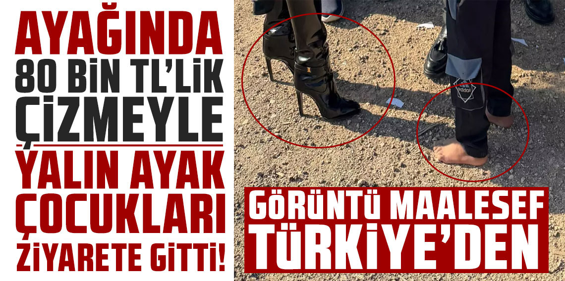 Ayağında 80 bin TL'lik çizmeyle yalın ayak çocukları ziyarete gitti