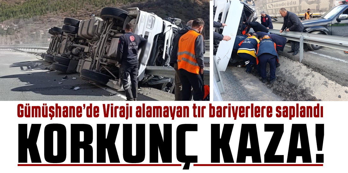 Virajı alamayan tır bariyerlere saplandı: Sürücü yaralandı