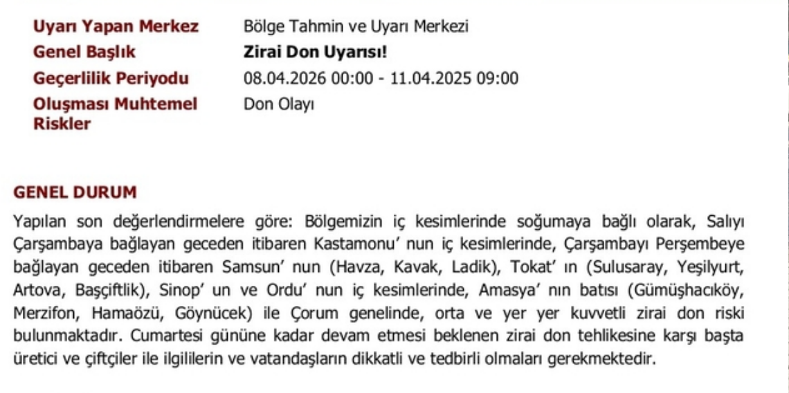 Zirai don uyarısı: Orta Karadeniz için kritik günler