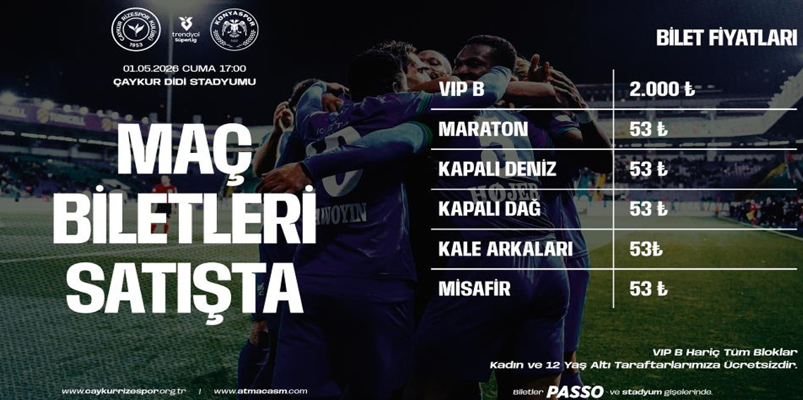 Çaykur Rizespor - Konyaspor maçının biletleri 53 TL’den satışa çıktı