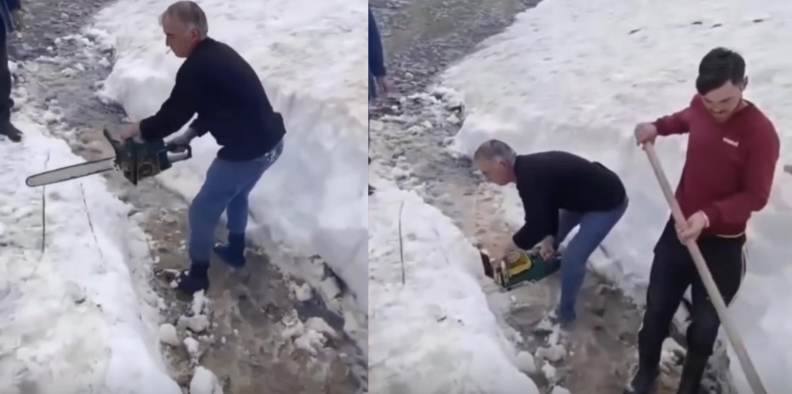 Avrupa sıcaktan kavruluyor, Giresun'da ağaç motoru ile kar kütleleri parçalanıp yayla yolları açılıyor
