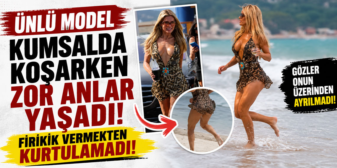 Ünlü model kumsalda koşarken zor anlar yaşadı! Firikik vermekten kurtulamadı