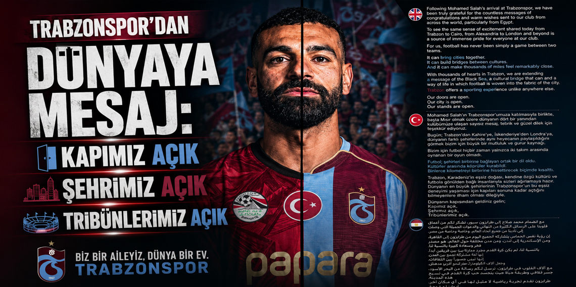 Trabzonspor’dan Dünyaya Mesaj: “Kapımız Açık, Şehrimiz Açık, Tribünlerimiz Açık”