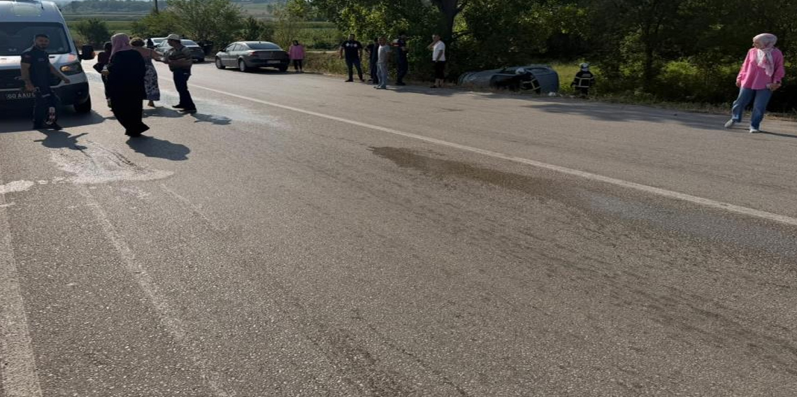 Yoldan çıkan otomobil ağaçlık alanda yan yattı