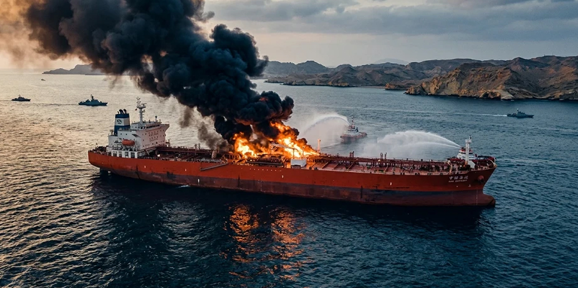 Hürmüz Boğazı’nda mayına çarpan petrol tankerinde yangın çıktı