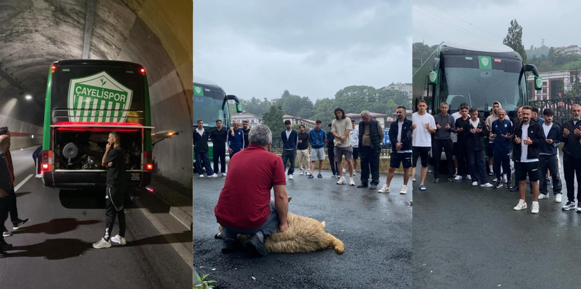 Kurban ve dualarla uğurlanan Çayelispor, tünelde mahsur kaldı