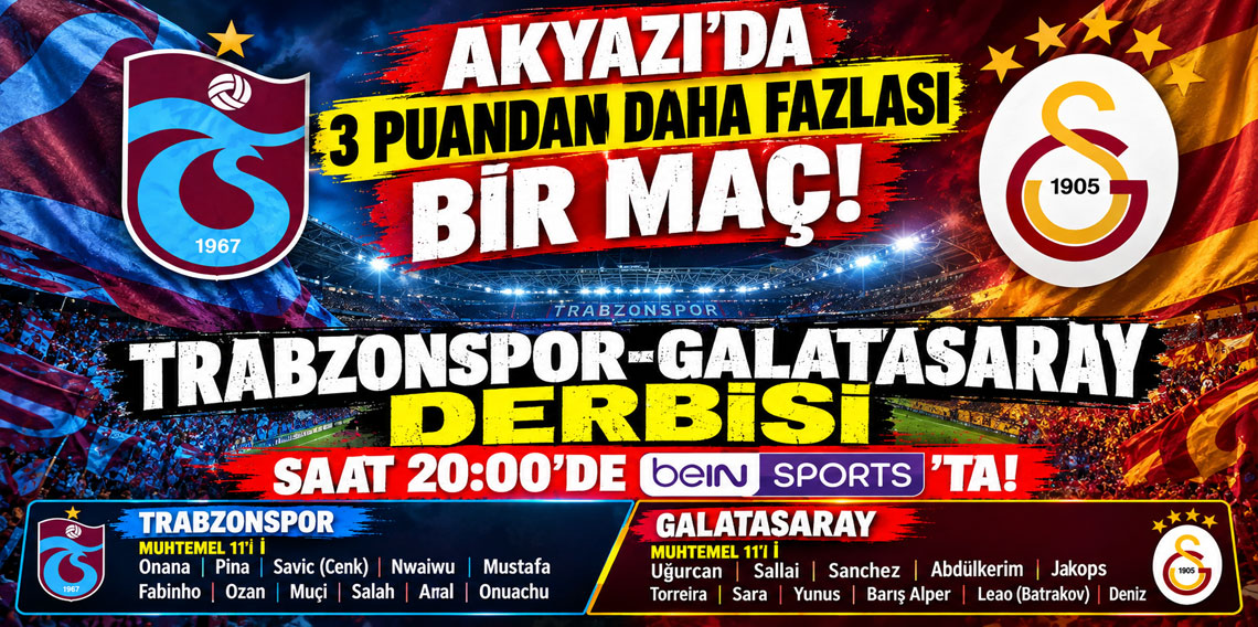 AKYAZI'DA 3 PUANDAN DAHA FAZLASI BİR MAÇ! TRABZONSPOR-GALATASARAY DERBİSİ SAAT 20:00'DE BEİN SPORTS'TA! İŞTE MUHTEMEL 11'LER