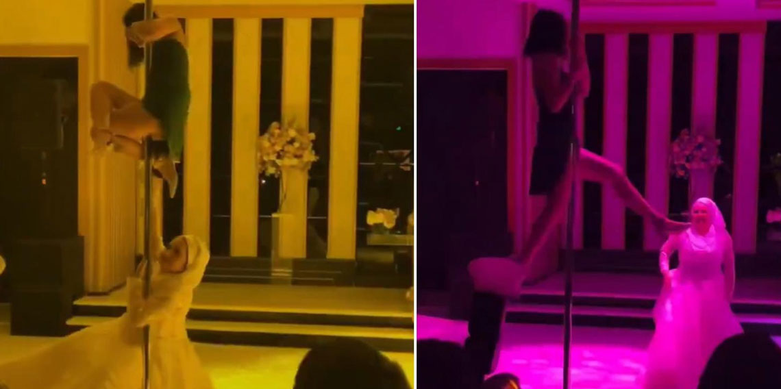 Tartışma yaratan görüntü! Tesettürlü gelin, direk dansı yapan dansçıya eşlik etti