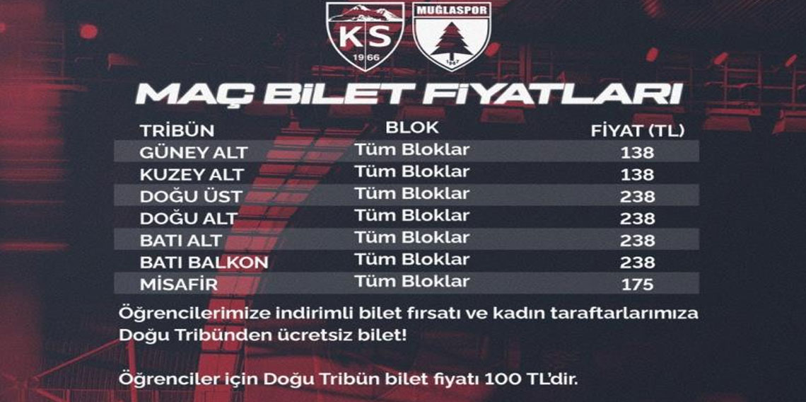 Kayserispor-Muğlaspor maçının bilet fiyatları belli oldu