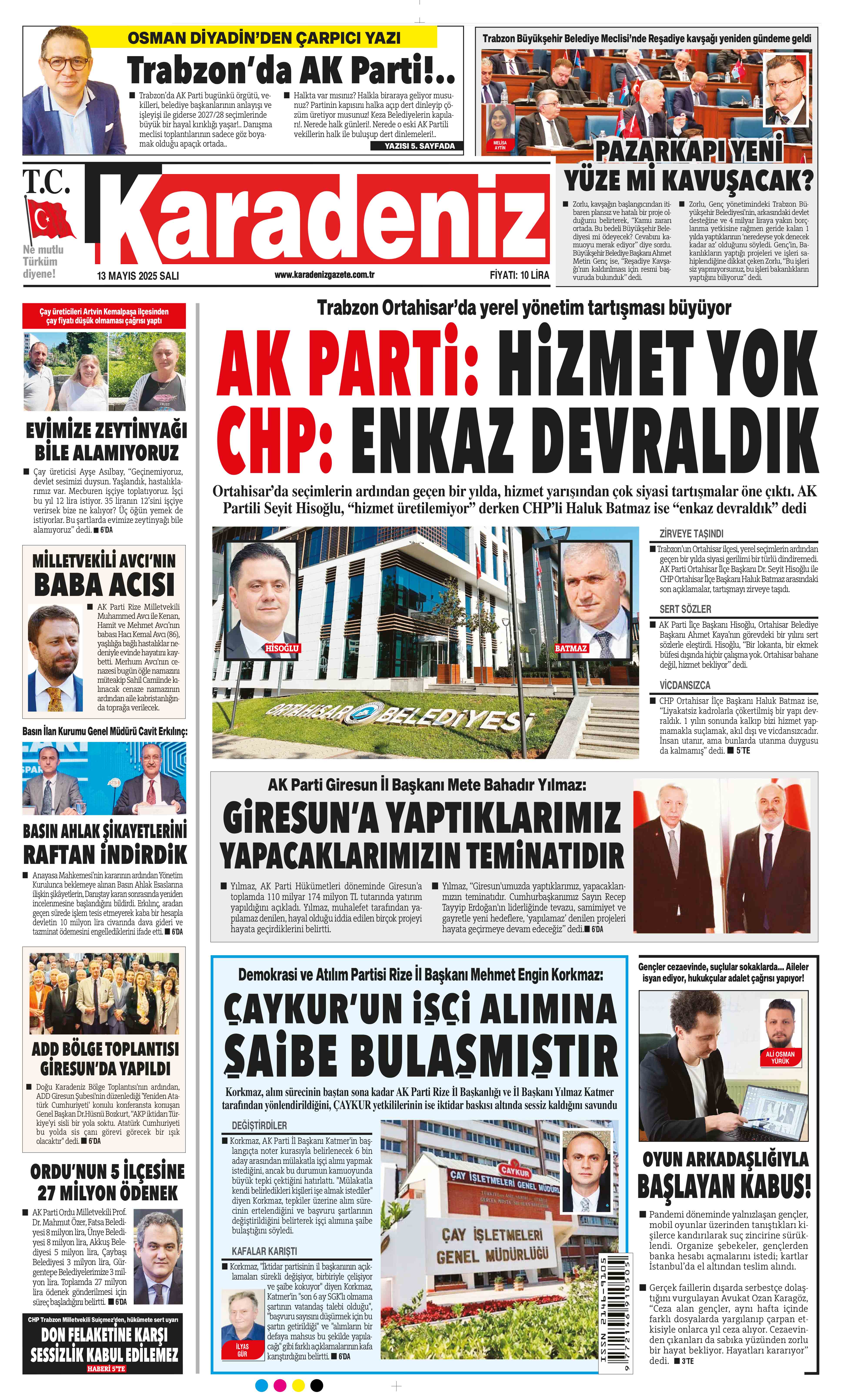 13 Mayıs 2025 Tarihli Karadeniz Gazete Sayfa 1