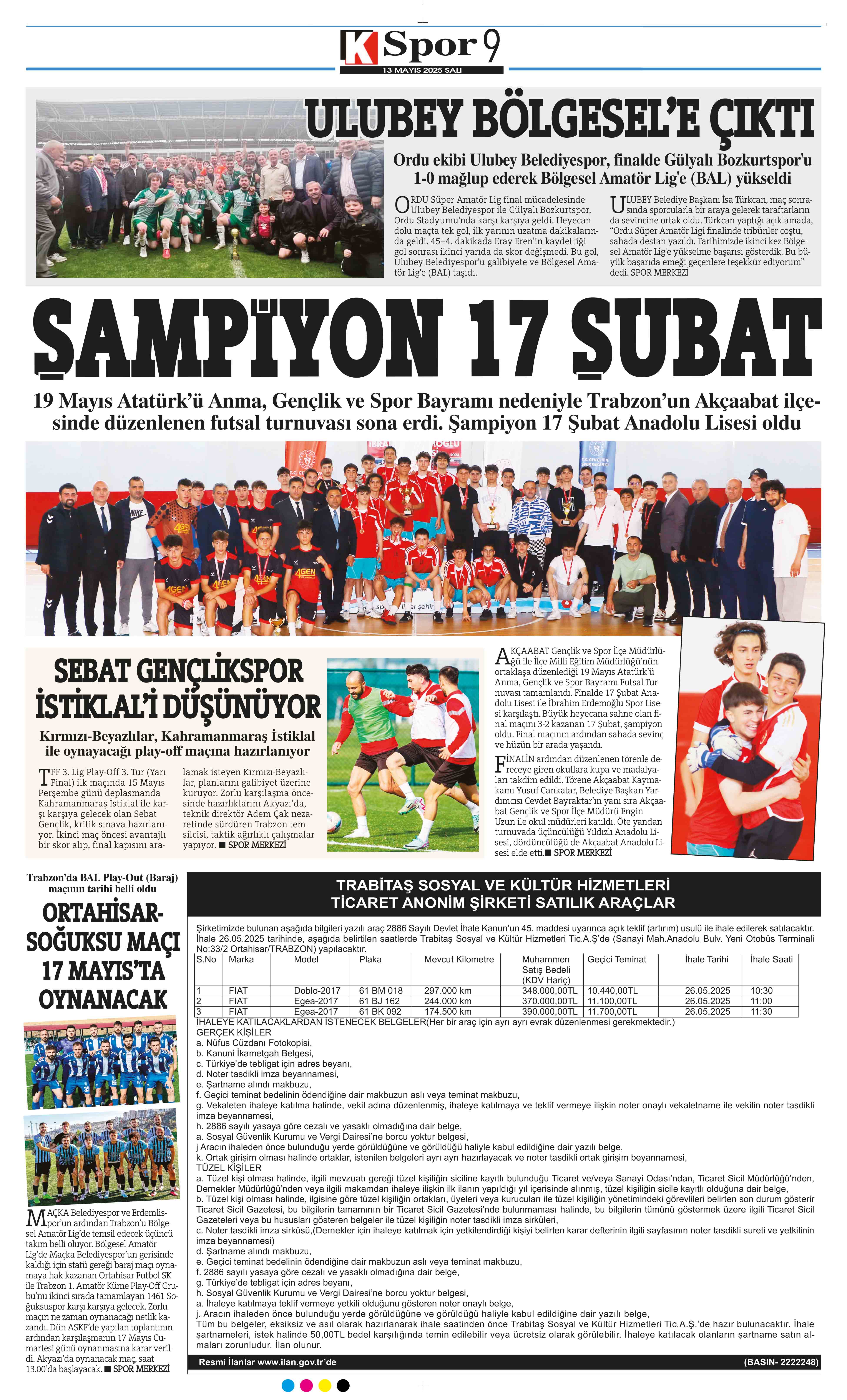 13 Mayıs 2025 Tarihli Karadeniz Gazete Sayfa 9