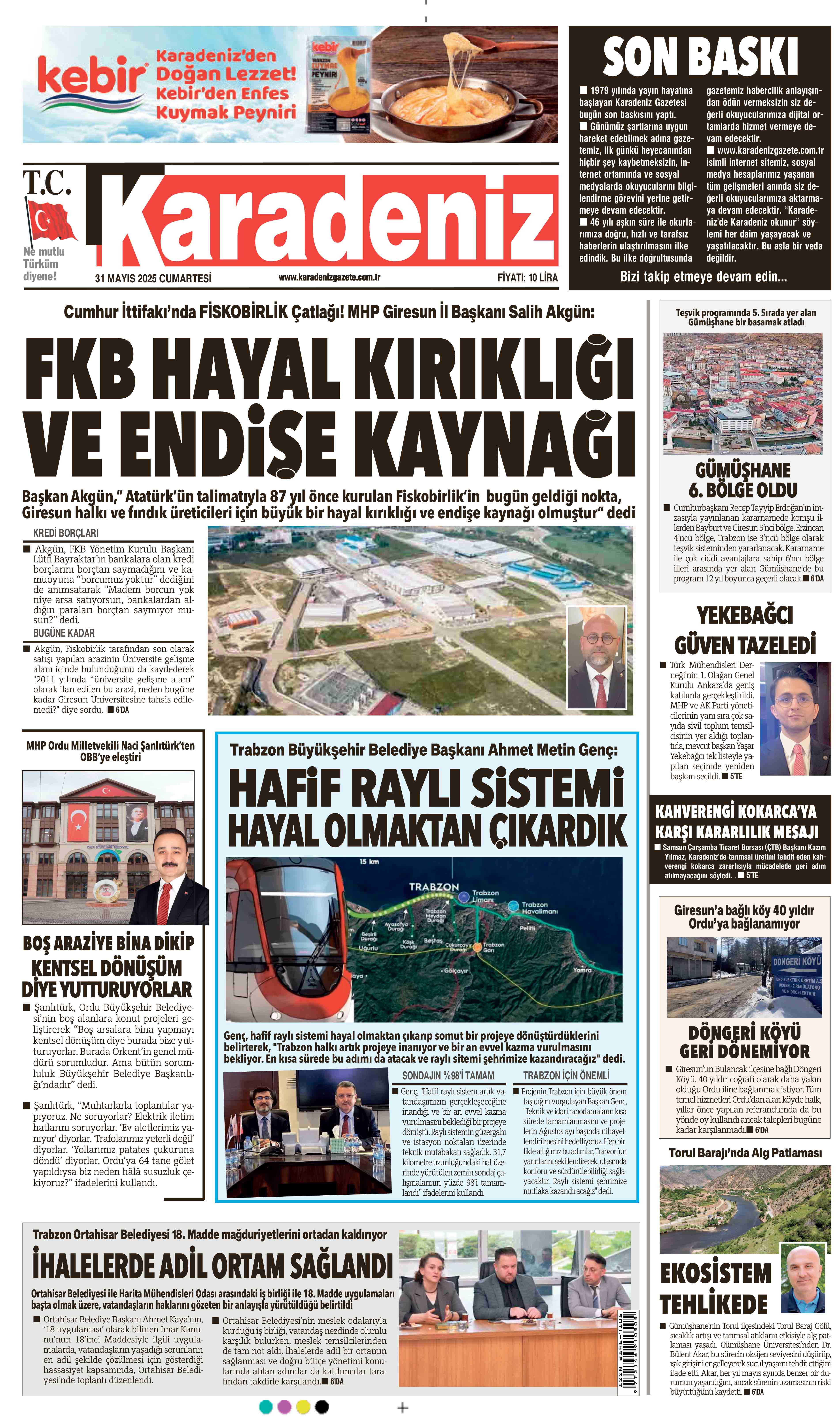 31 Mayıs 2025 Tarihli Karadeniz Gazete Sayfa 1